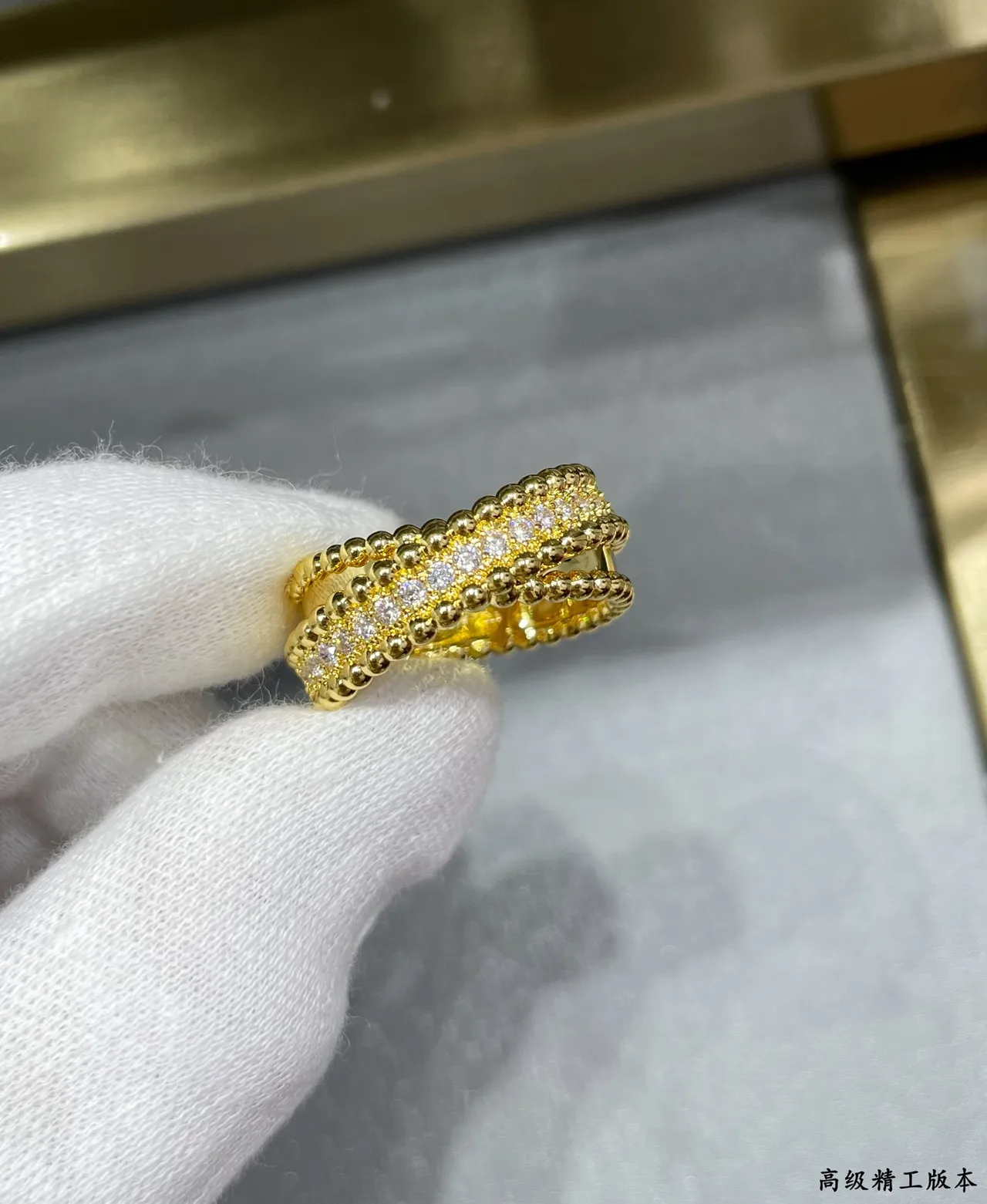Gold Silver Multi-Row Beaded Band Pavé-Set Stones Ring 4