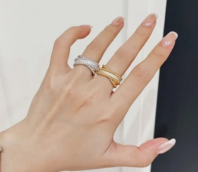 Gold Silver Multi-Row Beaded Band Pavé-Set Stones Ring 9