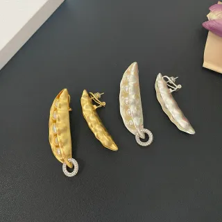 Gold Silver Pea-Pod Silhouette Pearl-Filled Earrings