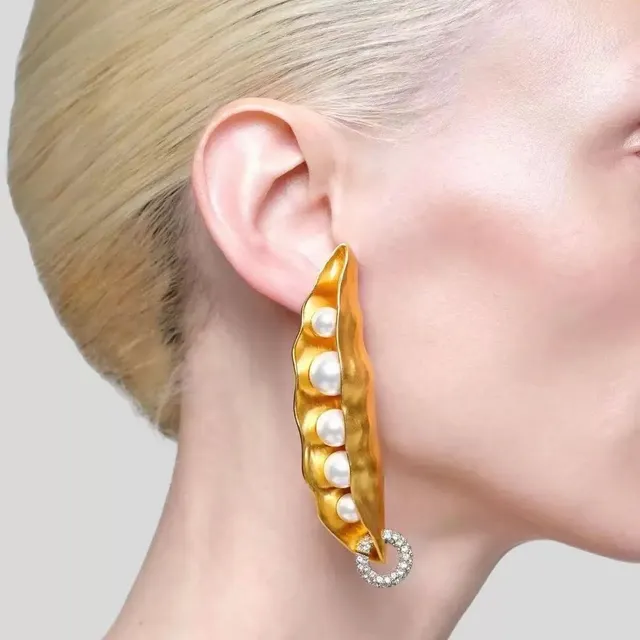 Gold Silver Pea-Pod Silhouette Pearl-Filled Earrings 2