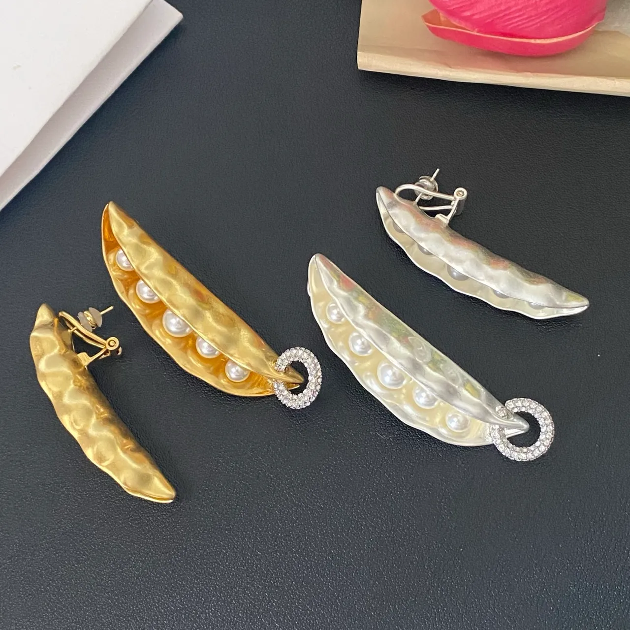 Gold Silver Pea-Pod Silhouette Pearl-Filled Earrings 11