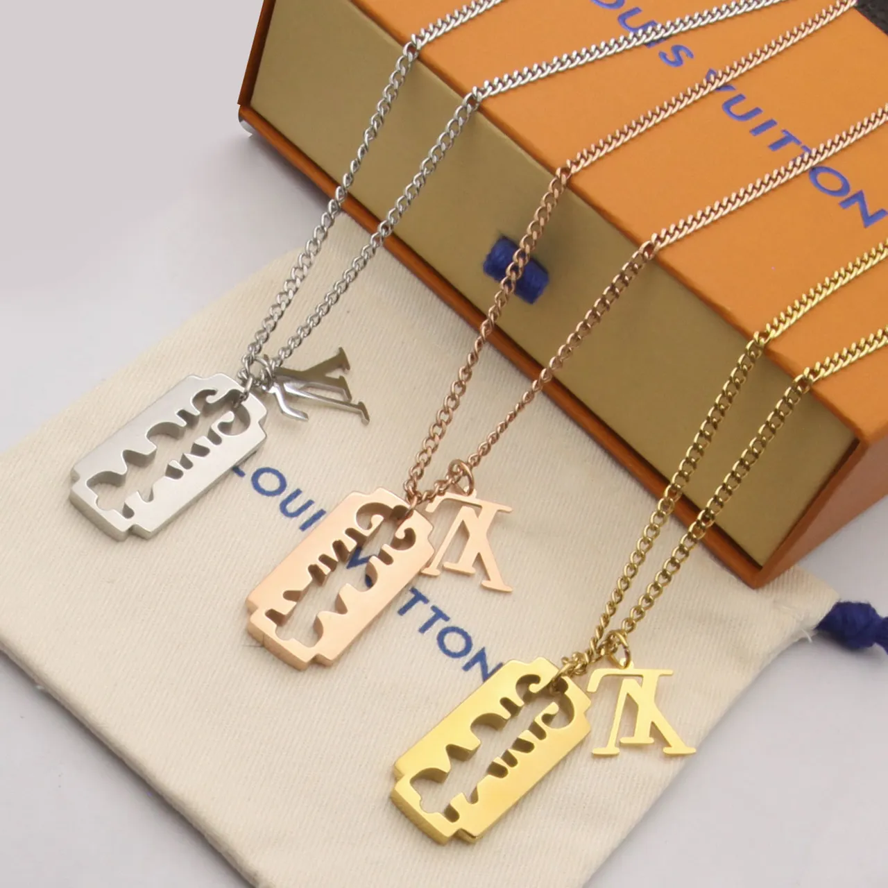Gold Silver Razor-Blade-Shaped Pendant Cutout Monogram Motif Necklace 8