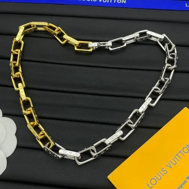 Gold Silver Rectangular Link Chain Two-Tone Metal Necklace 5