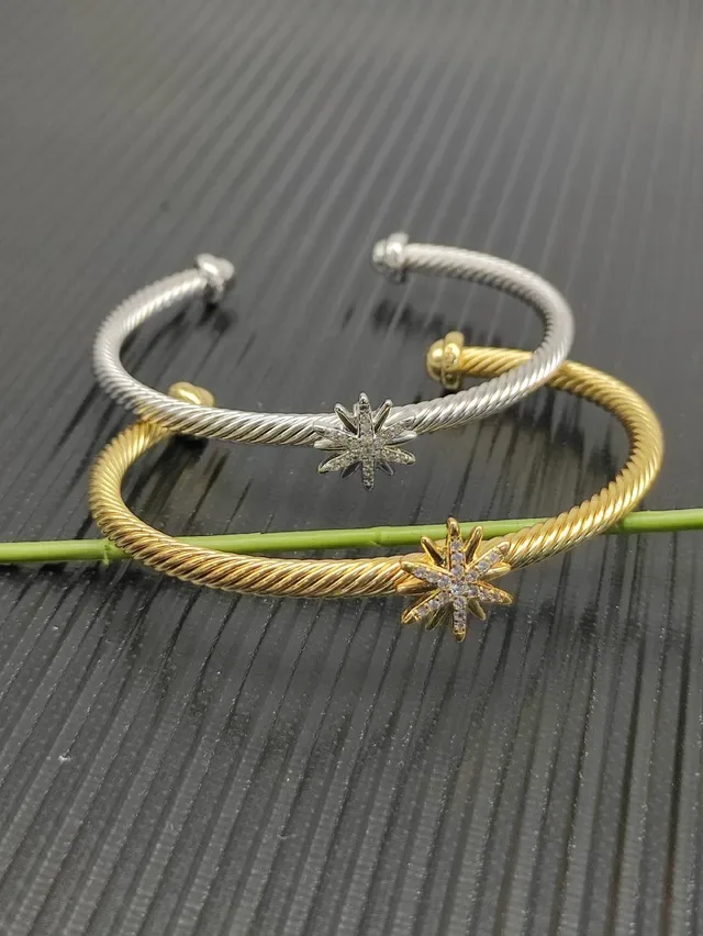 Gold Silver Twisted Rope Band Pavé-Set Starburst Charm Bracelet 2