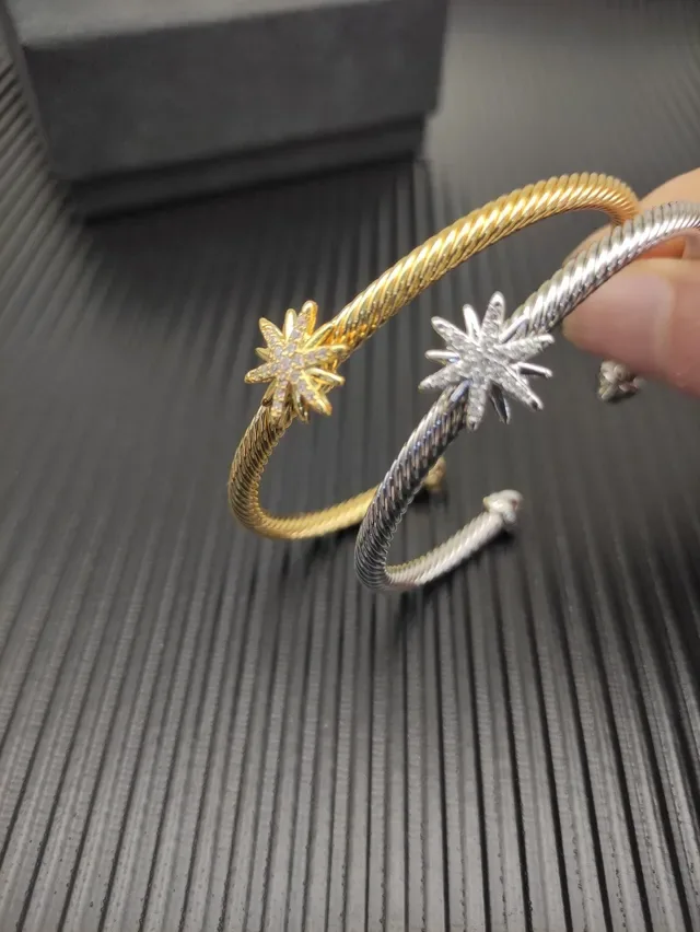 Gold Silver Twisted Rope Band Pavé-Set Starburst Charm Bracelet 3