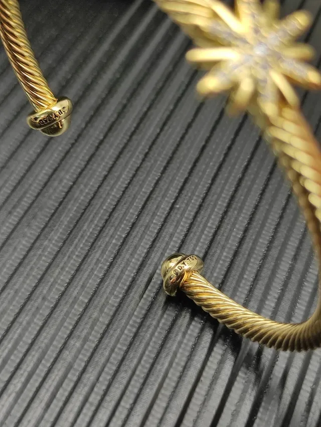 Gold Silver Twisted Rope Band Pavé-Set Starburst Charm Bracelet 6