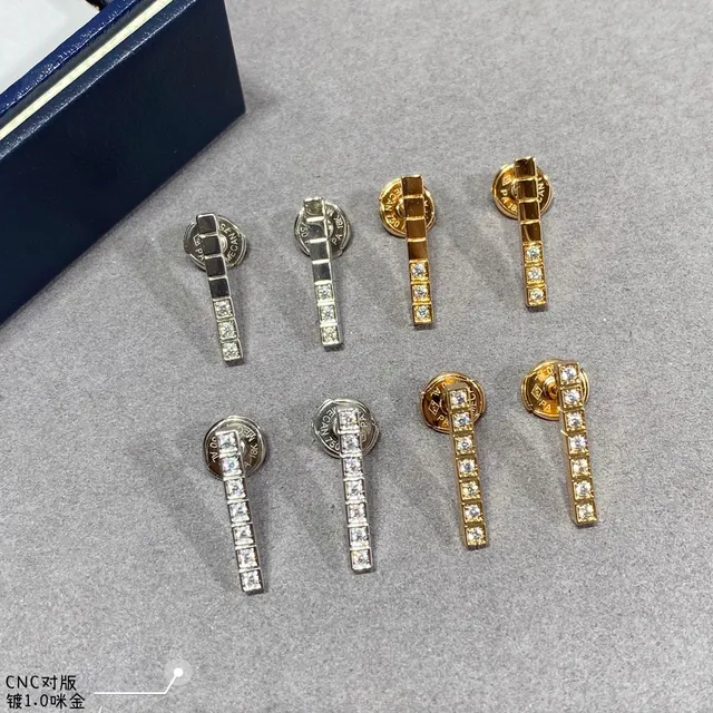 Gold Silver Vertical Bar Pavé-Set Square Stones Earrings 6
