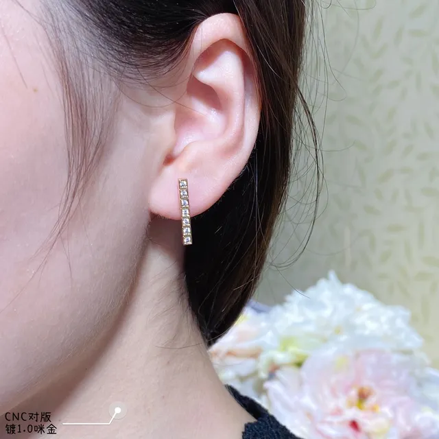 Gold Silver Vertical Bar Pavé-Set Square Stones Earrings 8