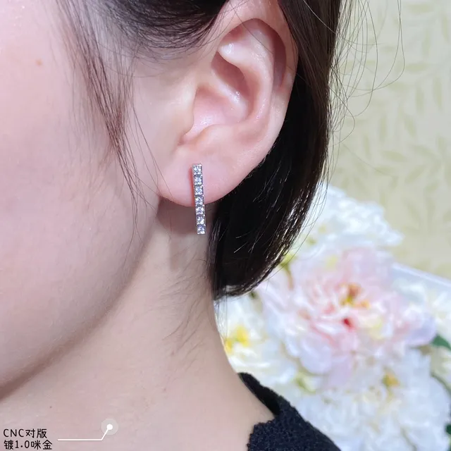 Gold Silver Vertical Bar Pavé-Set Square Stones Earrings 9