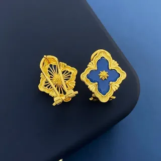 Gold-Tone Blue Enamel Quatrefoil Filigree Brooches