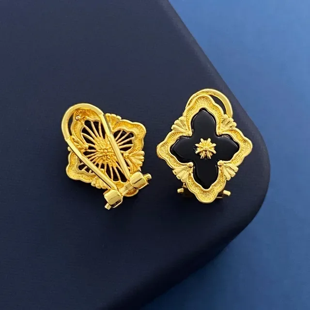 Gold-Tone Blue Enamel Quatrefoil Filigree Brooches 5