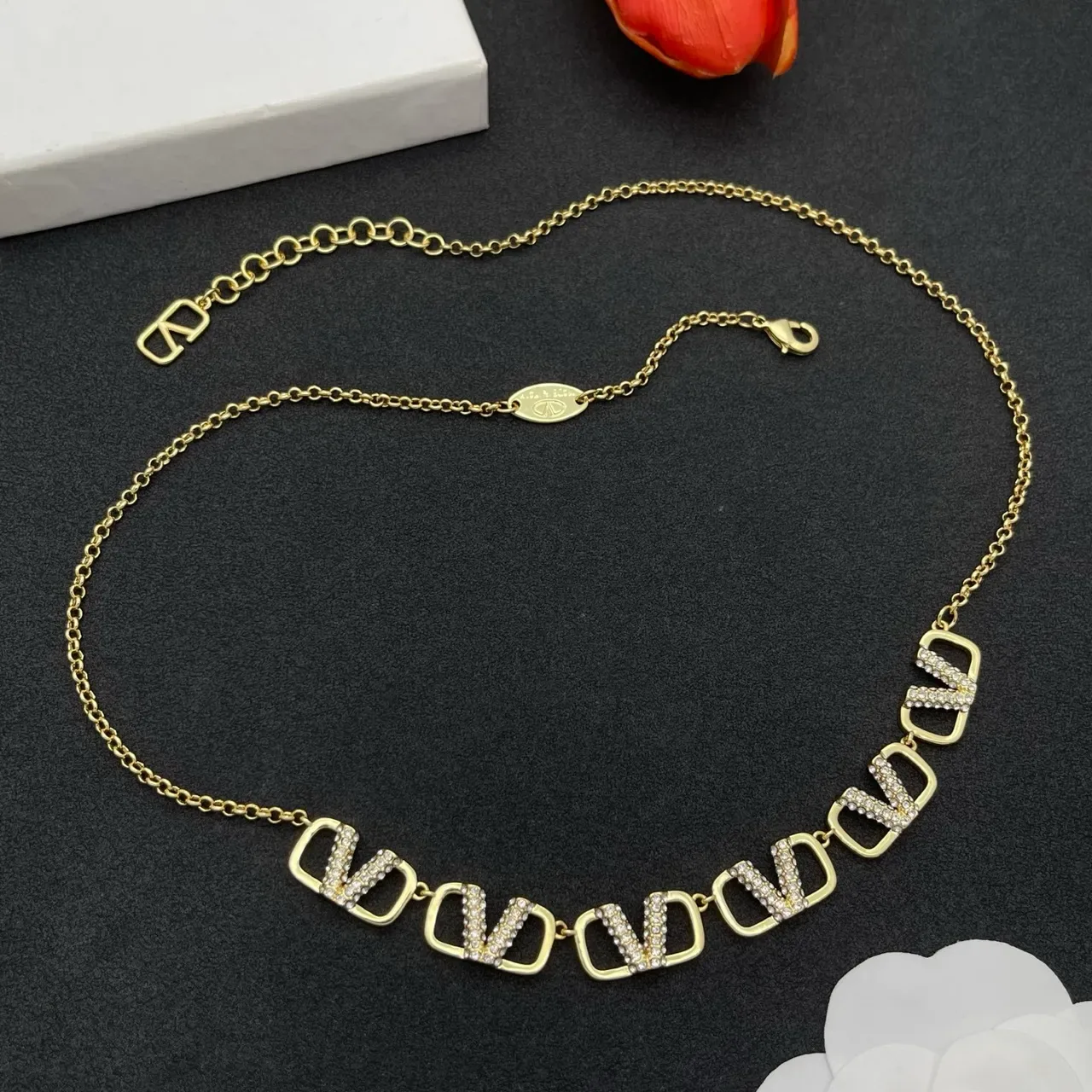 Gold-Tone Crystal Rectangular Link Chain Necklace 8