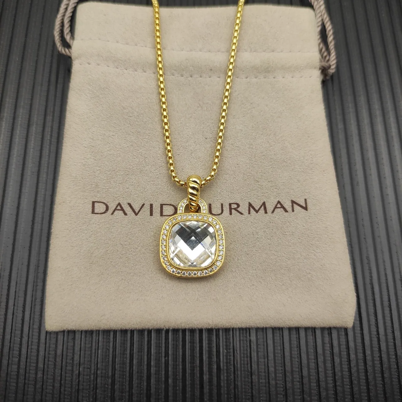 Gold-Tone Cushion-Cut Faceted Stone Halo Pendant Necklace 5