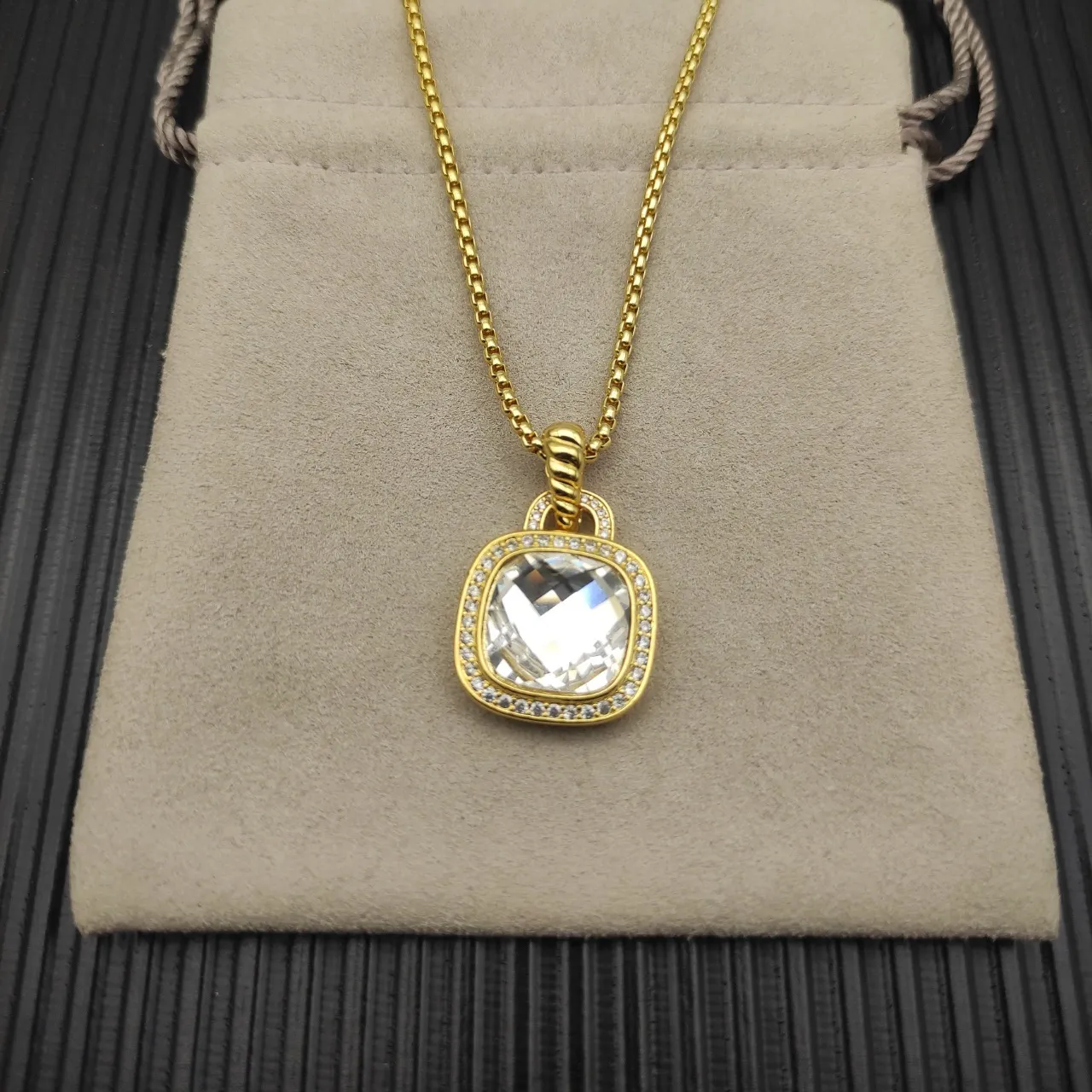 Gold-Tone Cushion-Cut Faceted Stone Halo Pendant Necklace 6