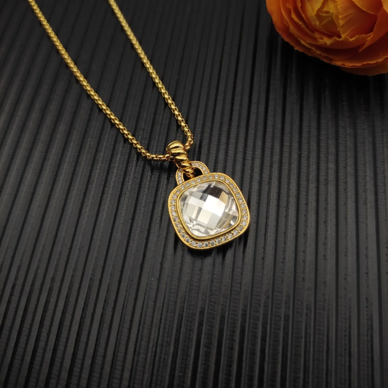 Gold-Tone Cushion-Cut Faceted Stone Halo Pendant Necklace 7