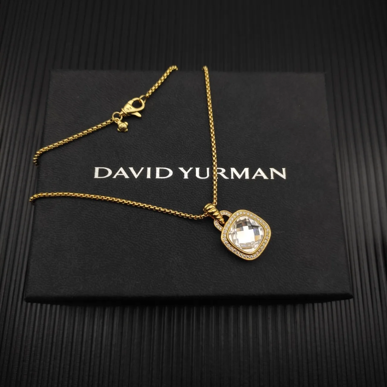 Gold-Tone Cushion-Cut Faceted Stone Halo Pendant Necklace 9