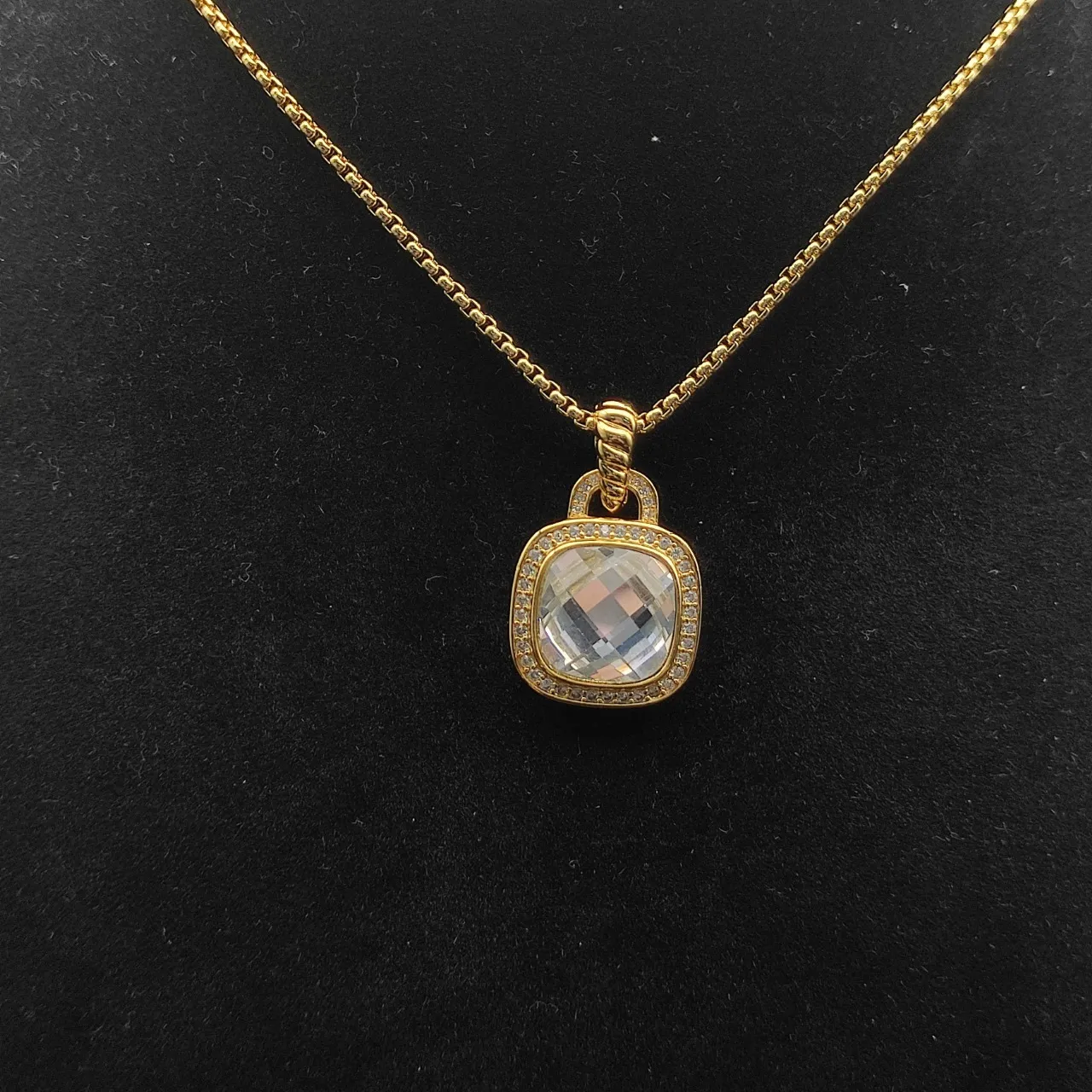 Gold-Tone Cushion-Cut Faceted Stone Halo Pendant Necklace 10