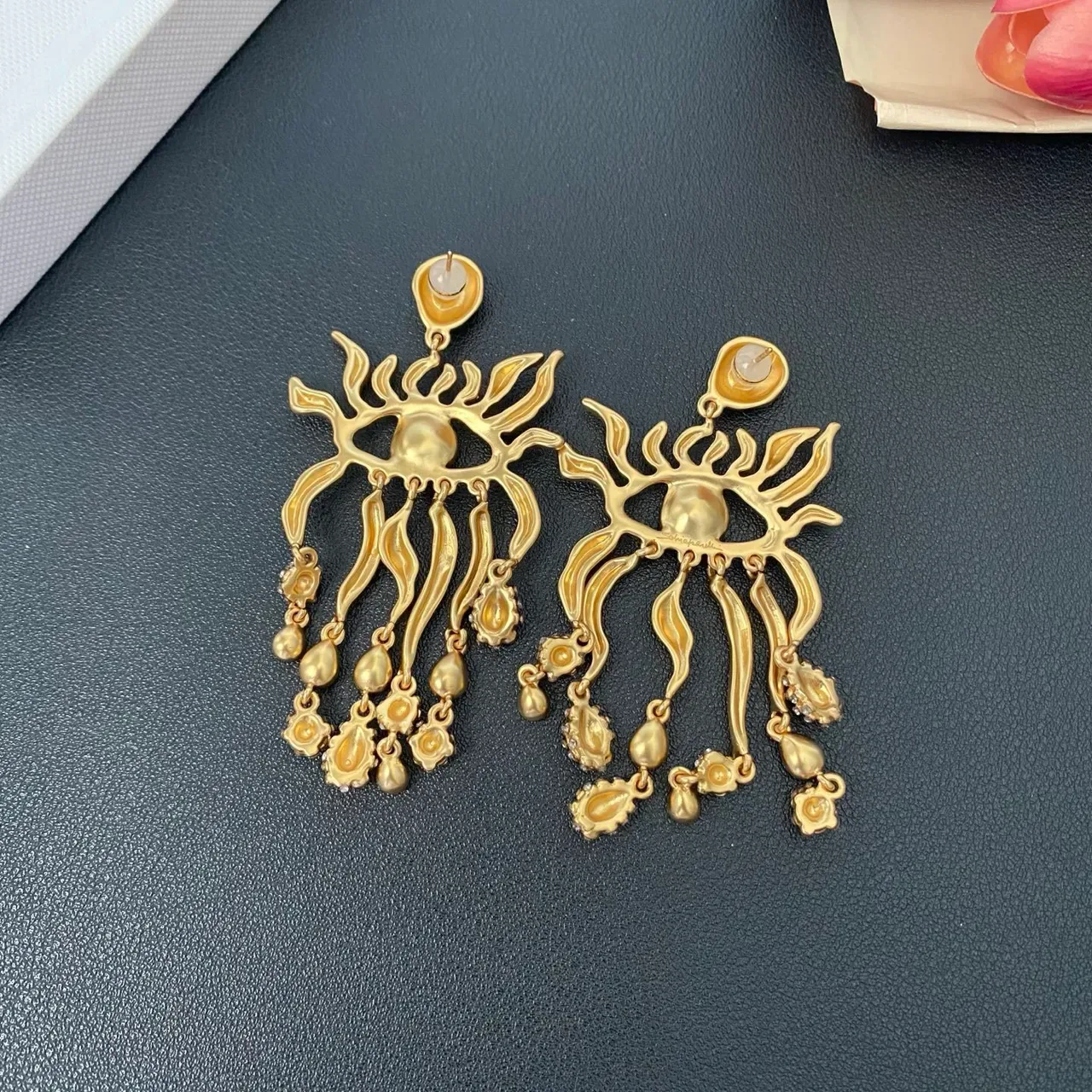 Gold-Tone Eye Motif Flame Filigree Dangle Earrings 2
