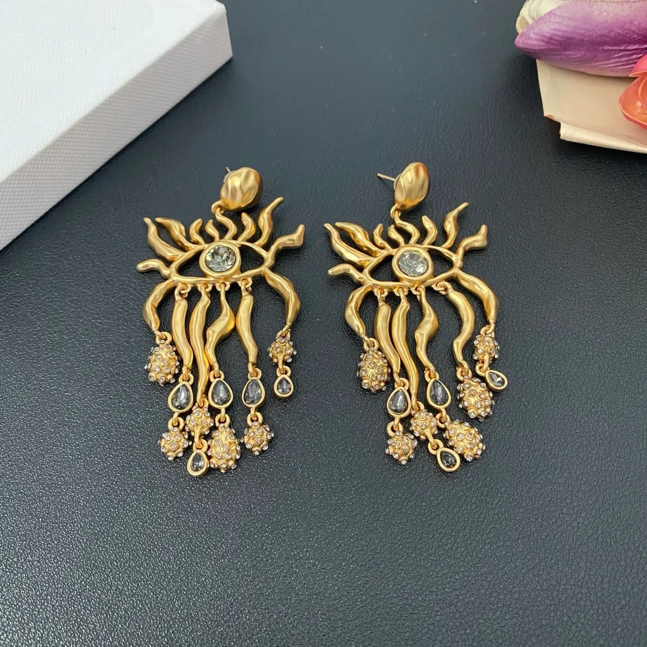 Gold-Tone Eye Motif Flame Filigree Dangle Earrings 3