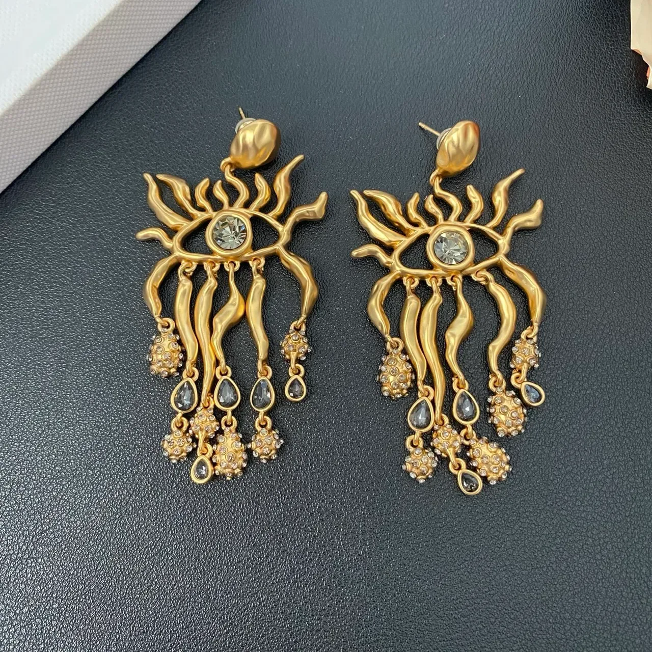 Gold-Tone Eye Motif Flame Filigree Dangle Earrings 4