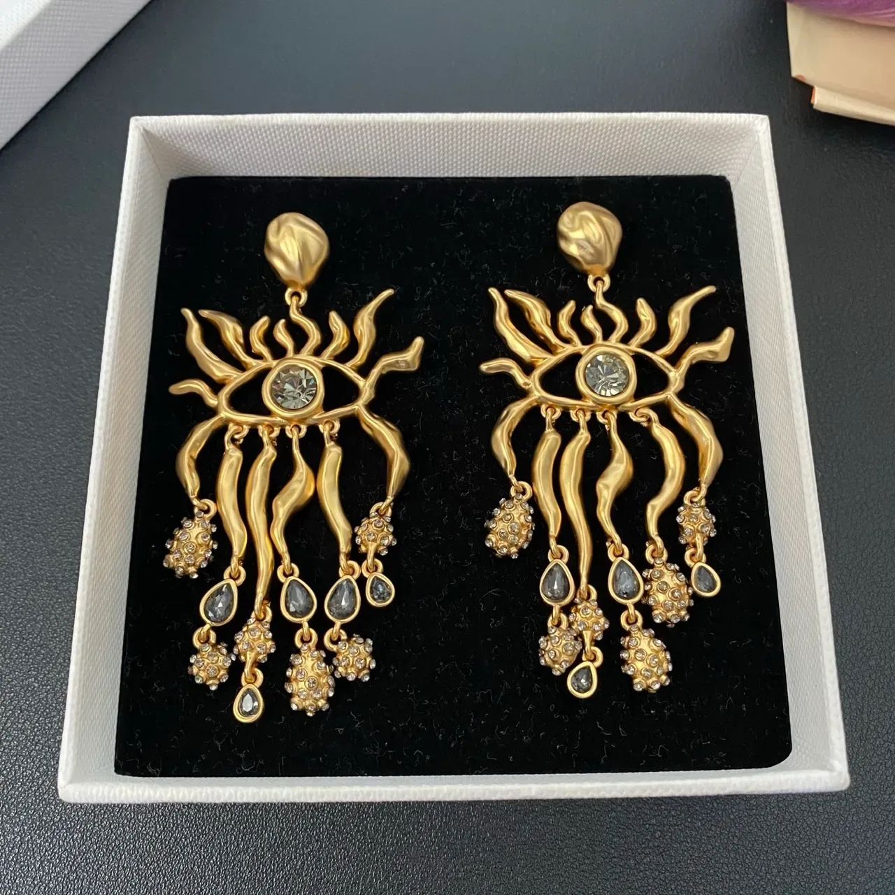 Gold-Tone Eye Motif Flame Filigree Dangle Earrings 5