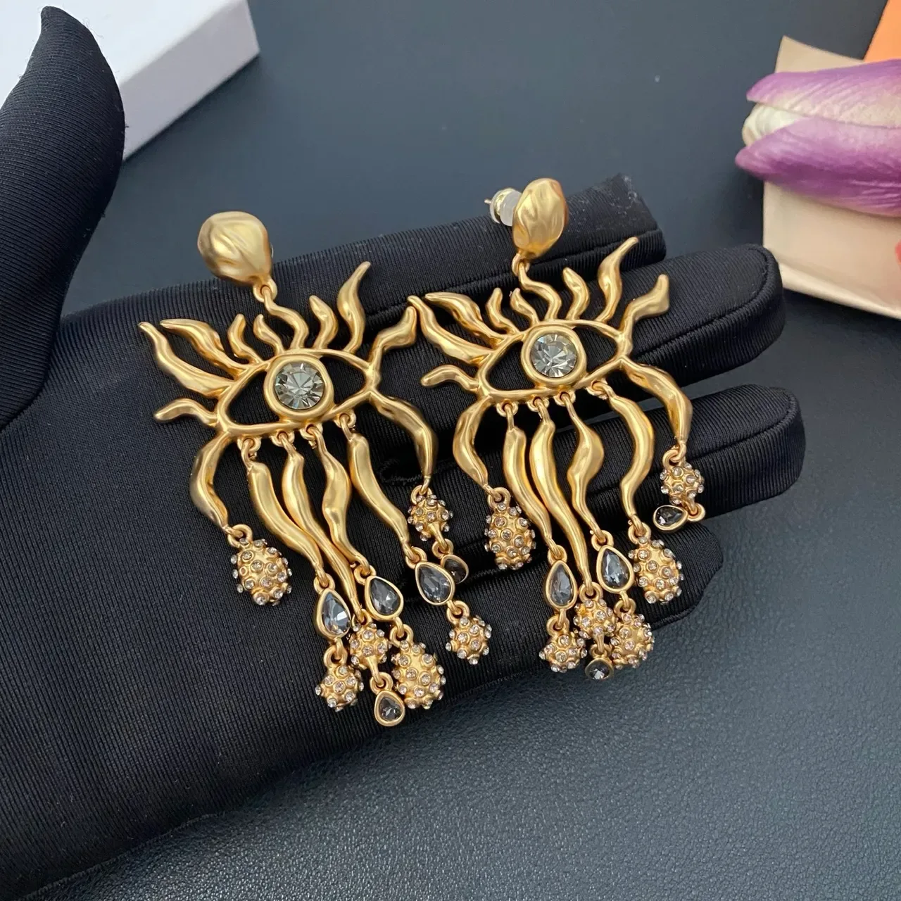 Gold-Tone Eye Motif Flame Filigree Dangle Earrings 7