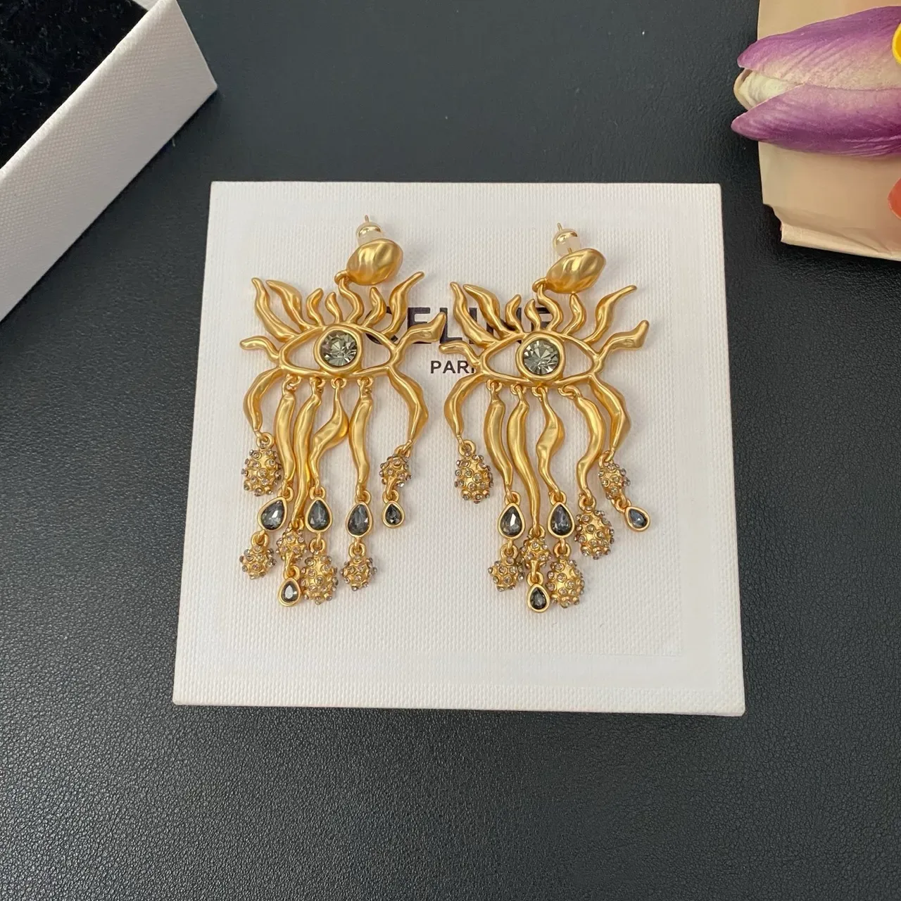 Gold-Tone Eye Motif Flame Filigree Dangle Earrings 8