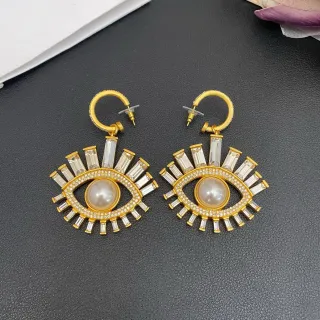 Gold-Tone Eye Motif Pearl and Baguette Crystal Drop Earrings
