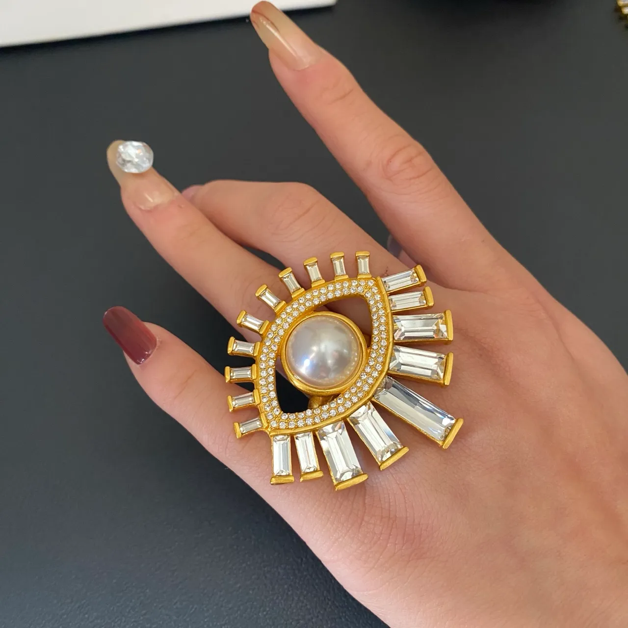 Gold-Tone Eye Motif Pearl and Crystal Brooch 2