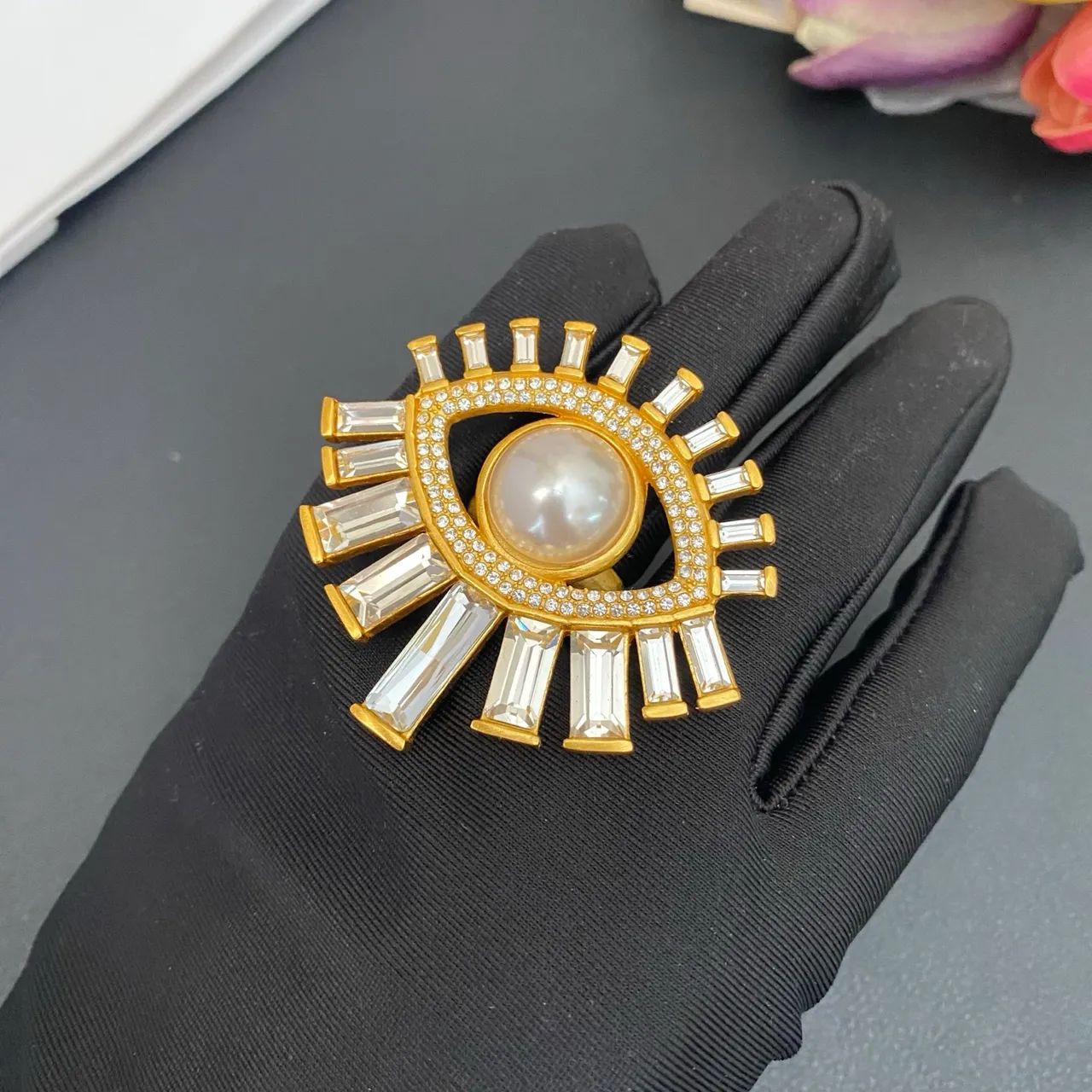 Gold-Tone Eye Motif Pearl and Crystal Brooch 4
