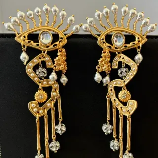 Gold-Tone Eye Motif Pearl and Crystal Dangling Earrings
