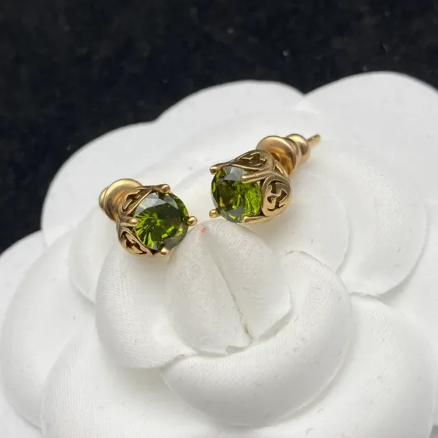 Gold-Tone Faceted Green Gemstone Scroll Motif Stud Earrings 2