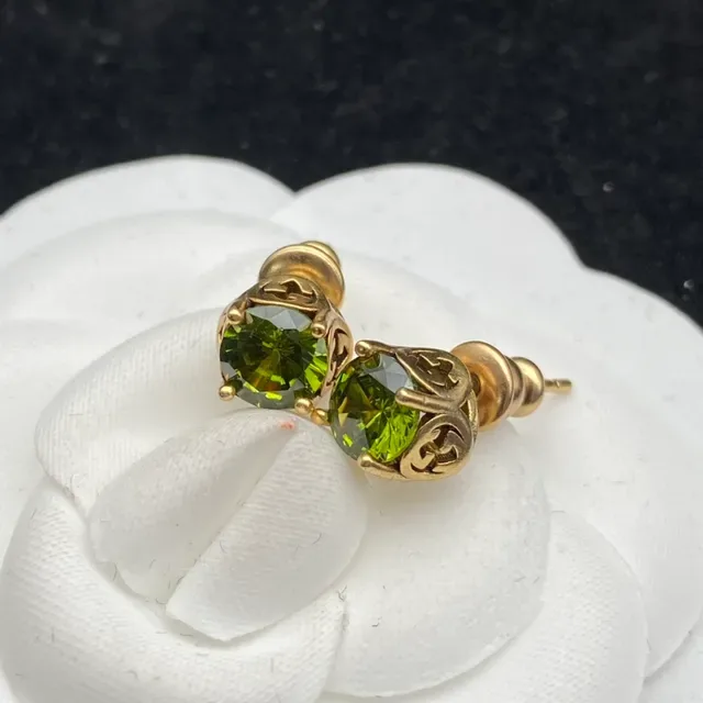 Gold-Tone Faceted Green Gemstone Scroll Motif Stud Earrings 4