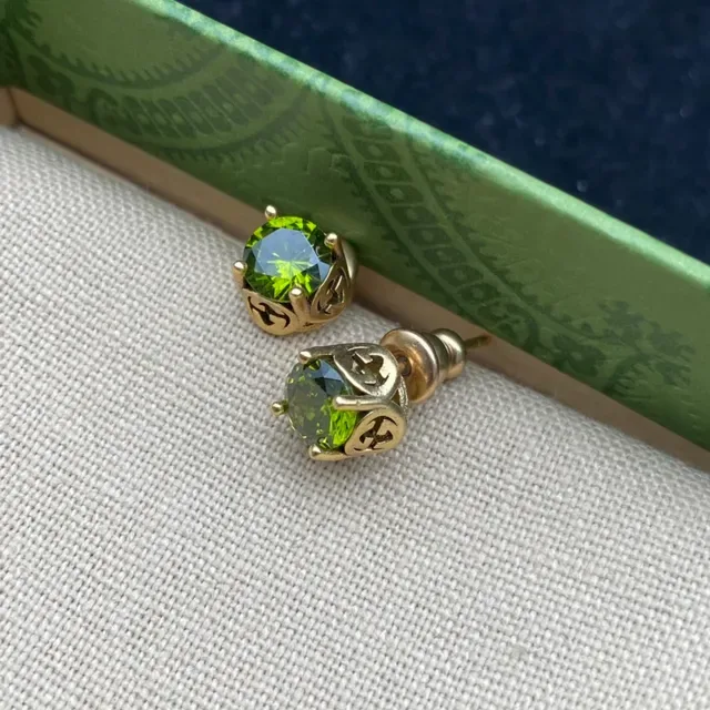 Gold-Tone Faceted Green Gemstone Scroll Motif Stud Earrings 6