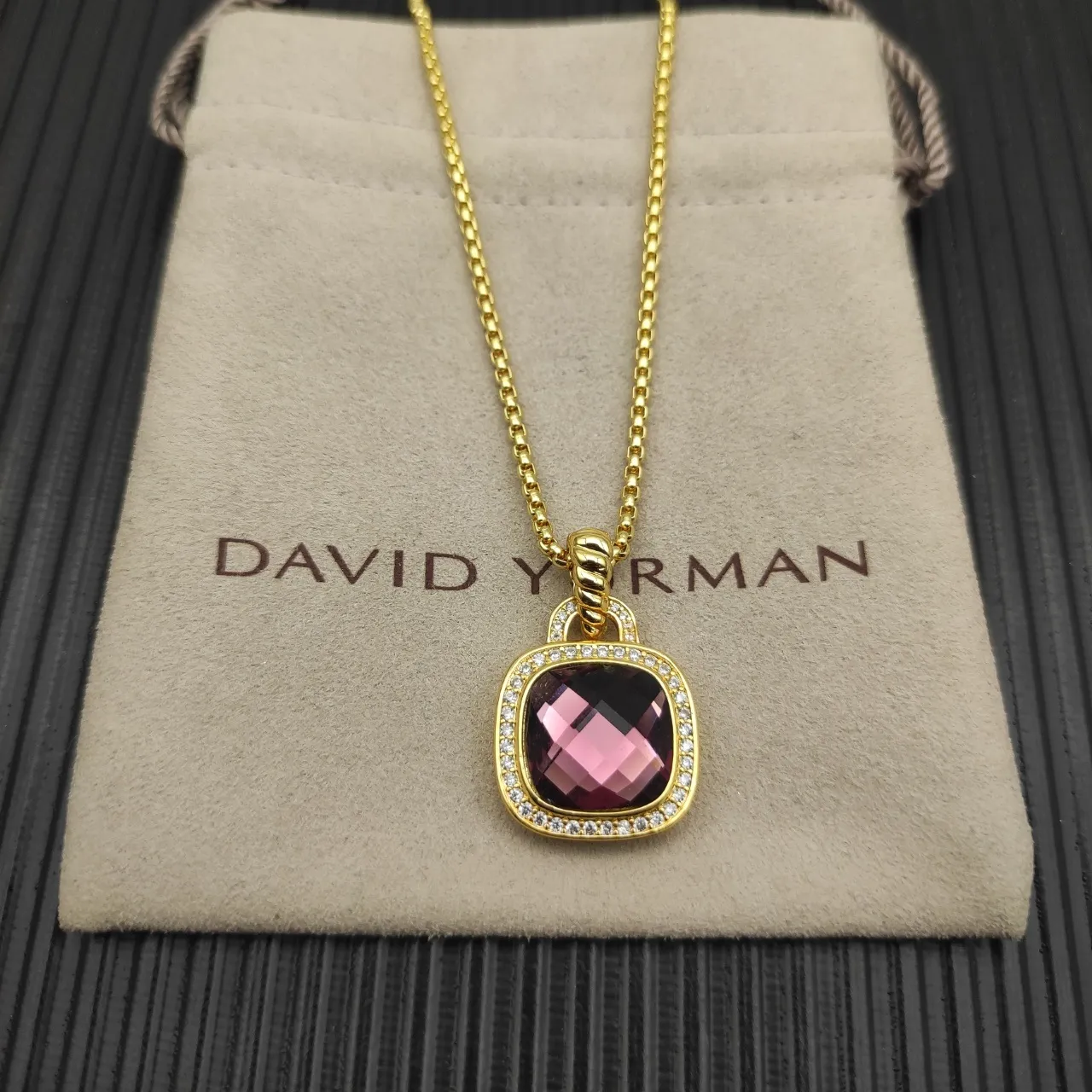 Gold-Tone Faceted Pink Gemstone Halo Pendant Necklace 5