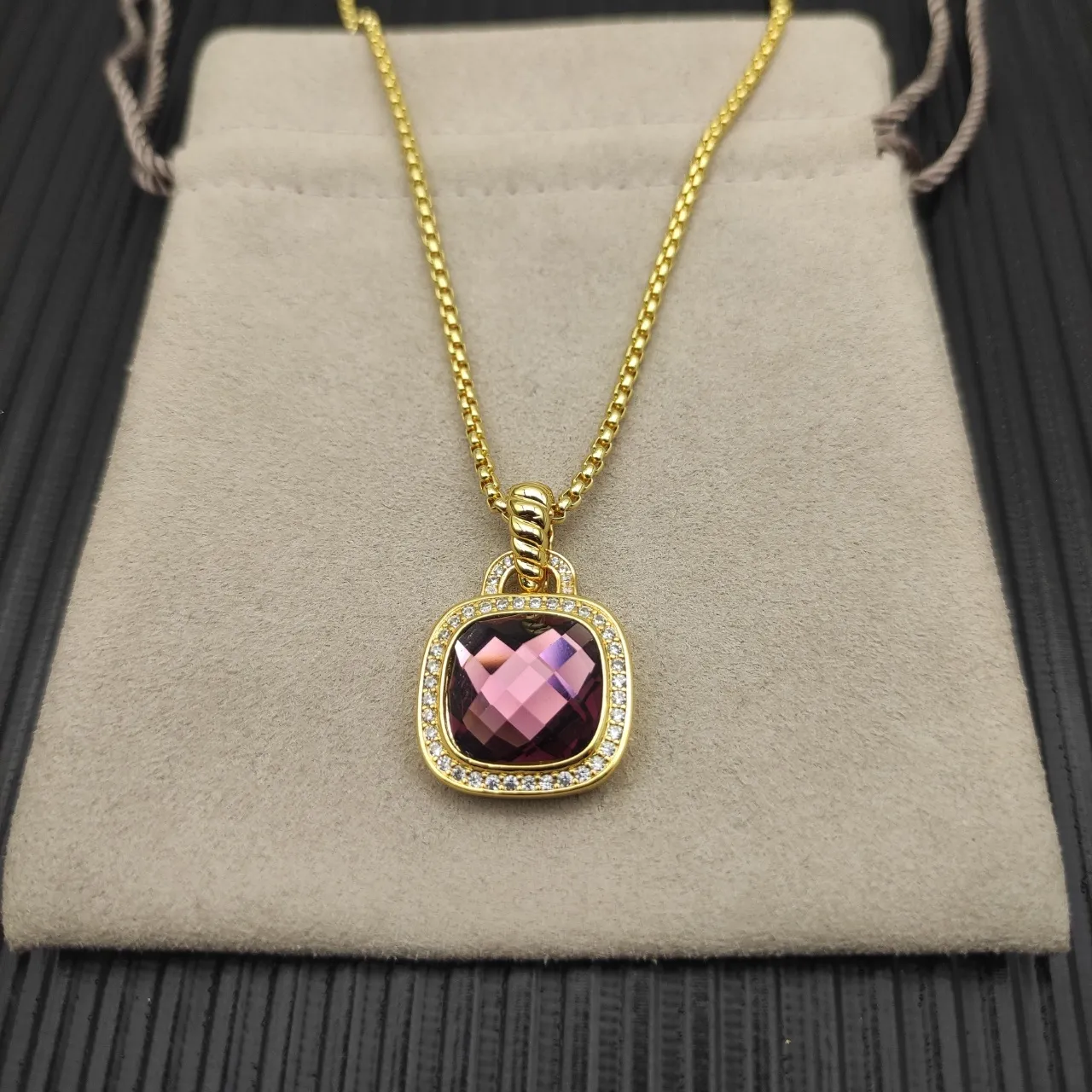 Gold-Tone Faceted Pink Gemstone Halo Pendant Necklace 6
