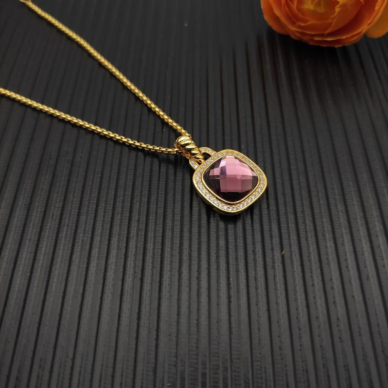 Gold-Tone Faceted Pink Gemstone Halo Pendant Necklace 7
