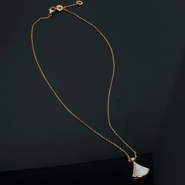 Gold-Tone Fan-Shaped Mother-of-Pearl and Diamond Pendant Necklace 2