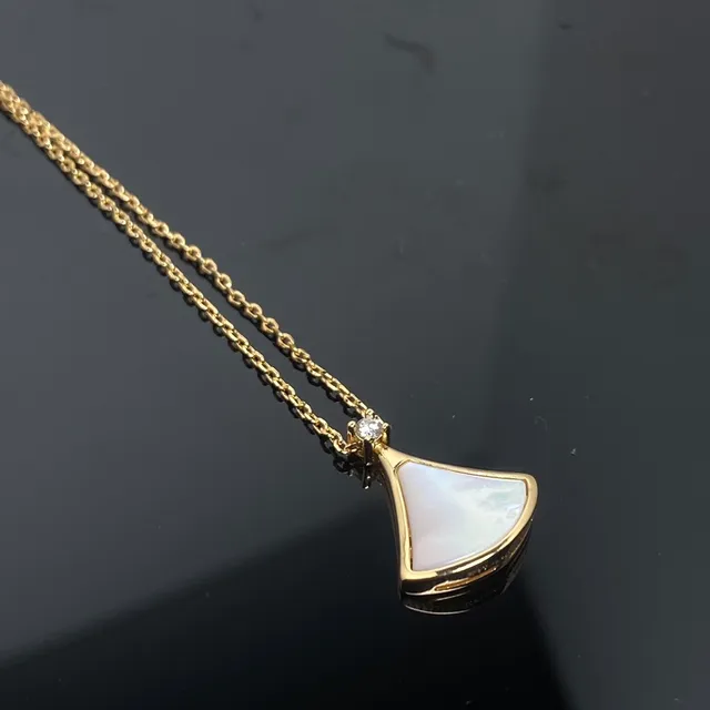 Gold-Tone Fan-Shaped Mother-of-Pearl and Diamond Pendant Necklace 3