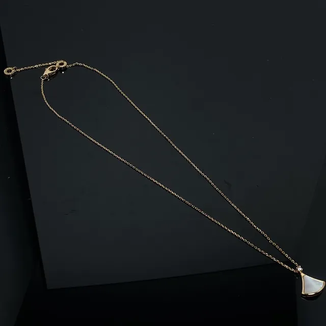 Gold-Tone Fan-Shaped Mother-of-Pearl and Diamond Pendant Necklace 4