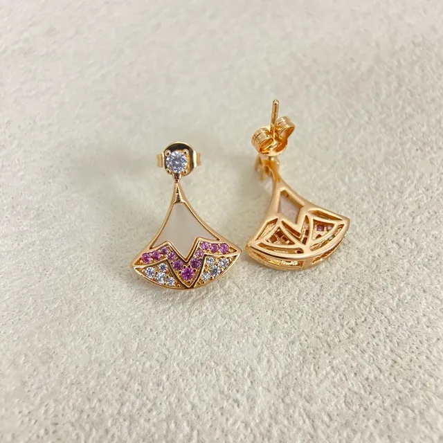 Gold-Tone Fan-Shaped Mother-of-Pearl and Pink Stone Earrings 2