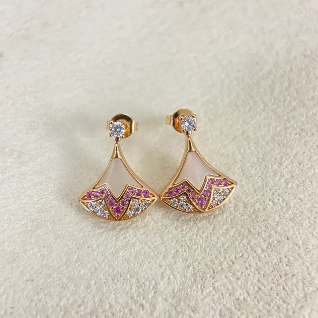 Gold-Tone Fan-Shaped Mother-of-Pearl and Pink Stone Earrings 3