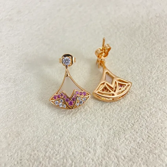 Gold-Tone Fan-Shaped Mother-of-Pearl and Pink Stone Earrings 5