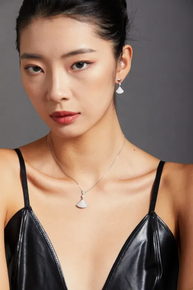 Gold-Tone Fan-Shaped Pavé Crystal Pendant Necklace 2