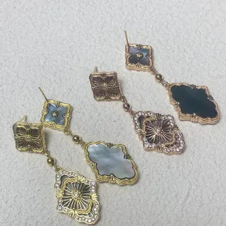 Gold-Tone Floral Motif Mother-of-Pearl and Crystal Drop Earrings