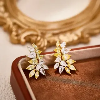 Gold-Tone Leaf Cluster Marquise-Cut Stone Stud Earrings