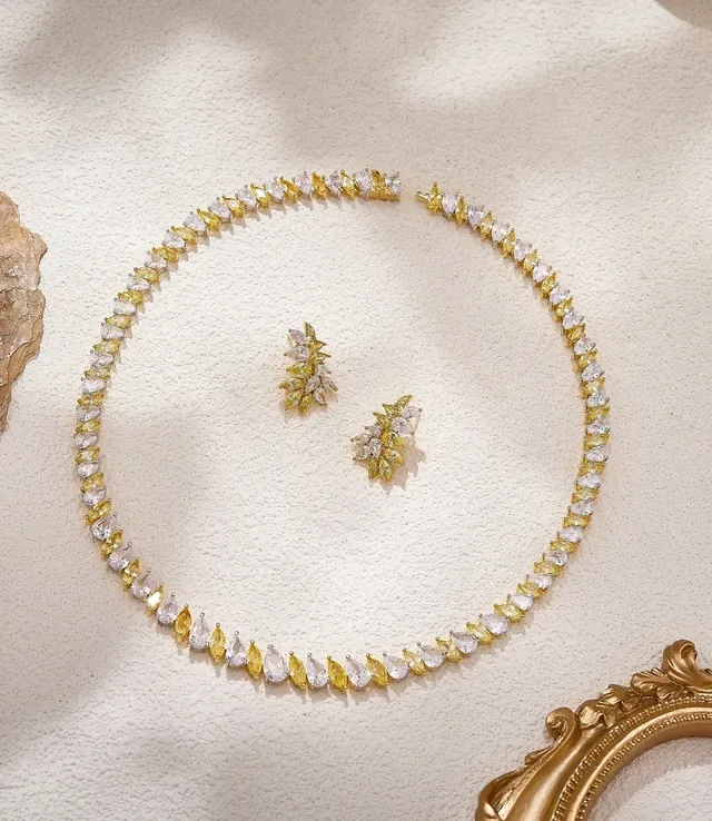Gold-Tone Leaf Cluster Marquise-Cut Stone Stud Earrings 2