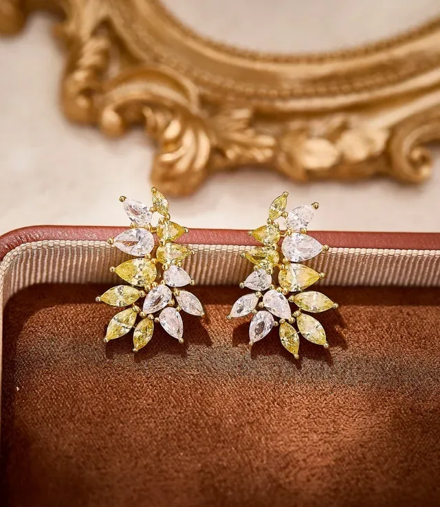Gold-Tone Leaf Cluster Marquise-Cut Stone Stud Earrings 7