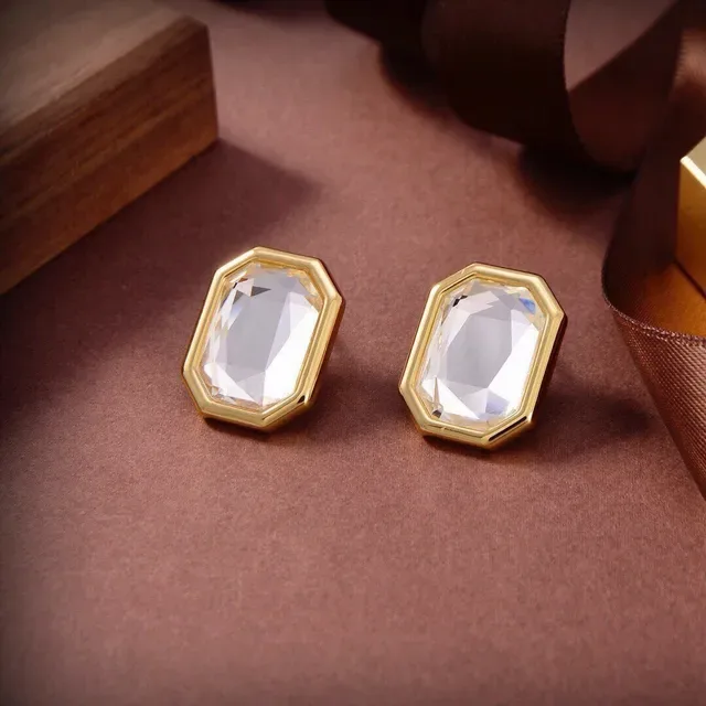 Gold-Tone Octagonal Faceted Clear Stone Stud Earrings 1