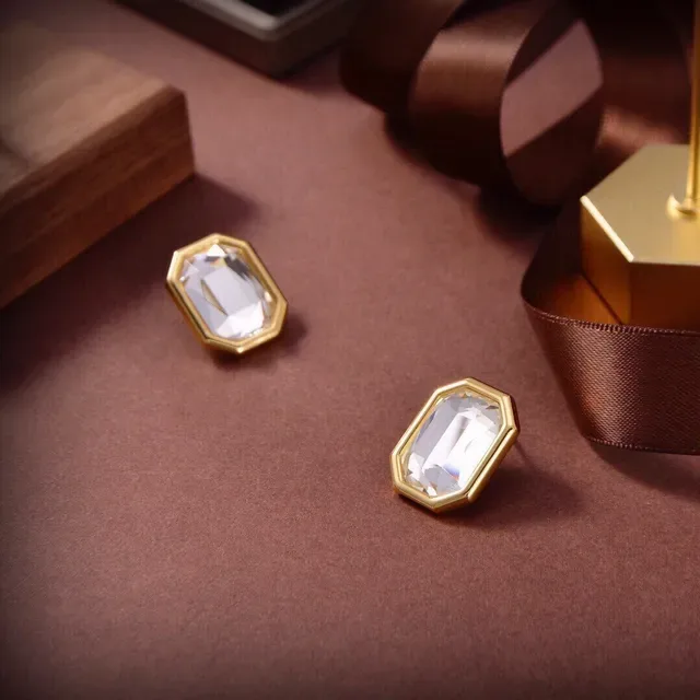 Gold-Tone Octagonal Faceted Clear Stone Stud Earrings 4